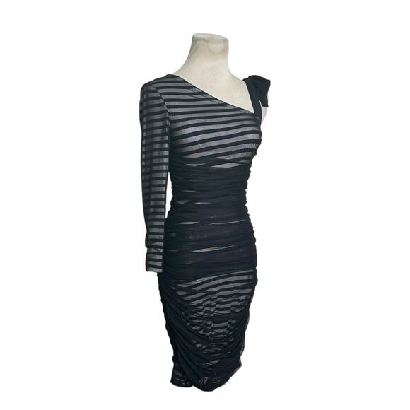 BCBGMAXAZRIA Black Striped One Shoulder Mesh Overlay Cocktail Dress size XS - Picture 10 of 16